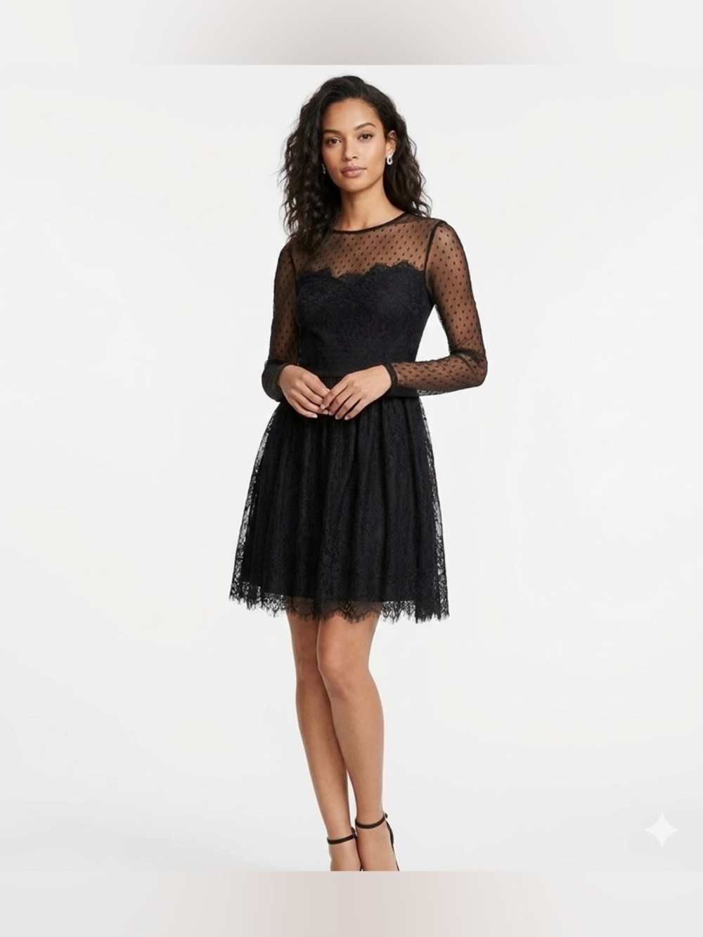 Express Black Lace Long-Sleeve Fit-and-Flare Dress